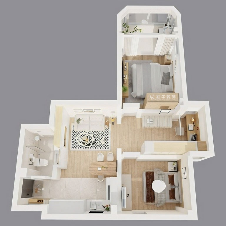 顾娟｜锁金二村21-1105-77㎡-现代风格｜2室2厅1卫｜旧房装修｜定制家｜全包11万｜00_05鸟瞰图